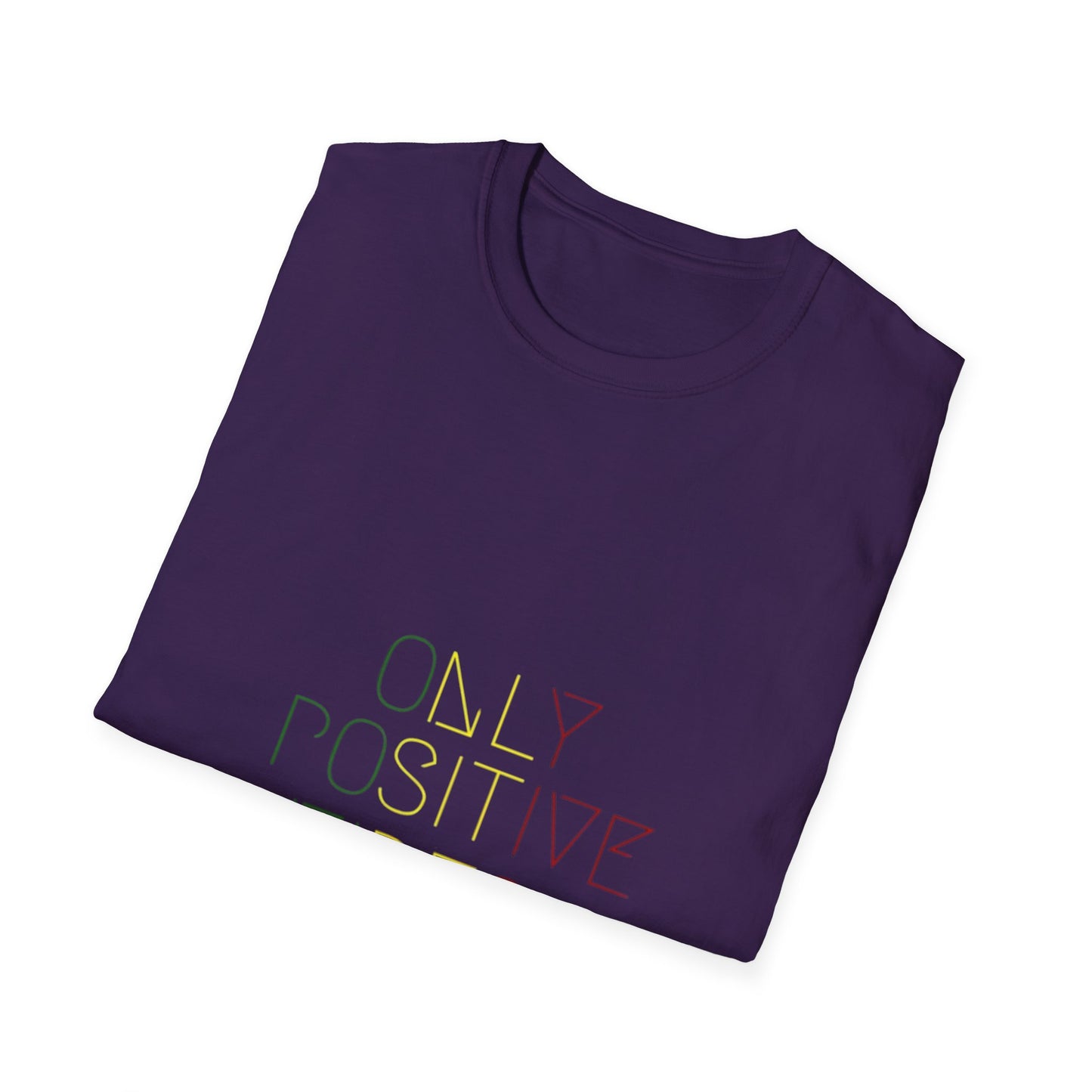 Person styling the Positive Vibes Unisex Softstyle T-Shirt with jeans, demonstrating its versatility for any occasion.
