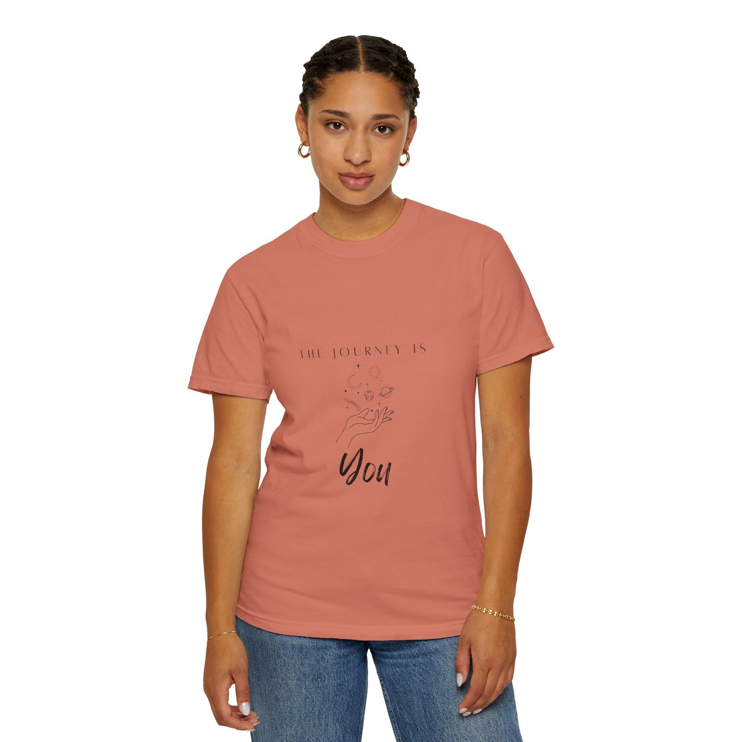 Model wearing Vintage Aesthetic Oversized Boho T-Shirt Pullover styled with high-waisted jeans.