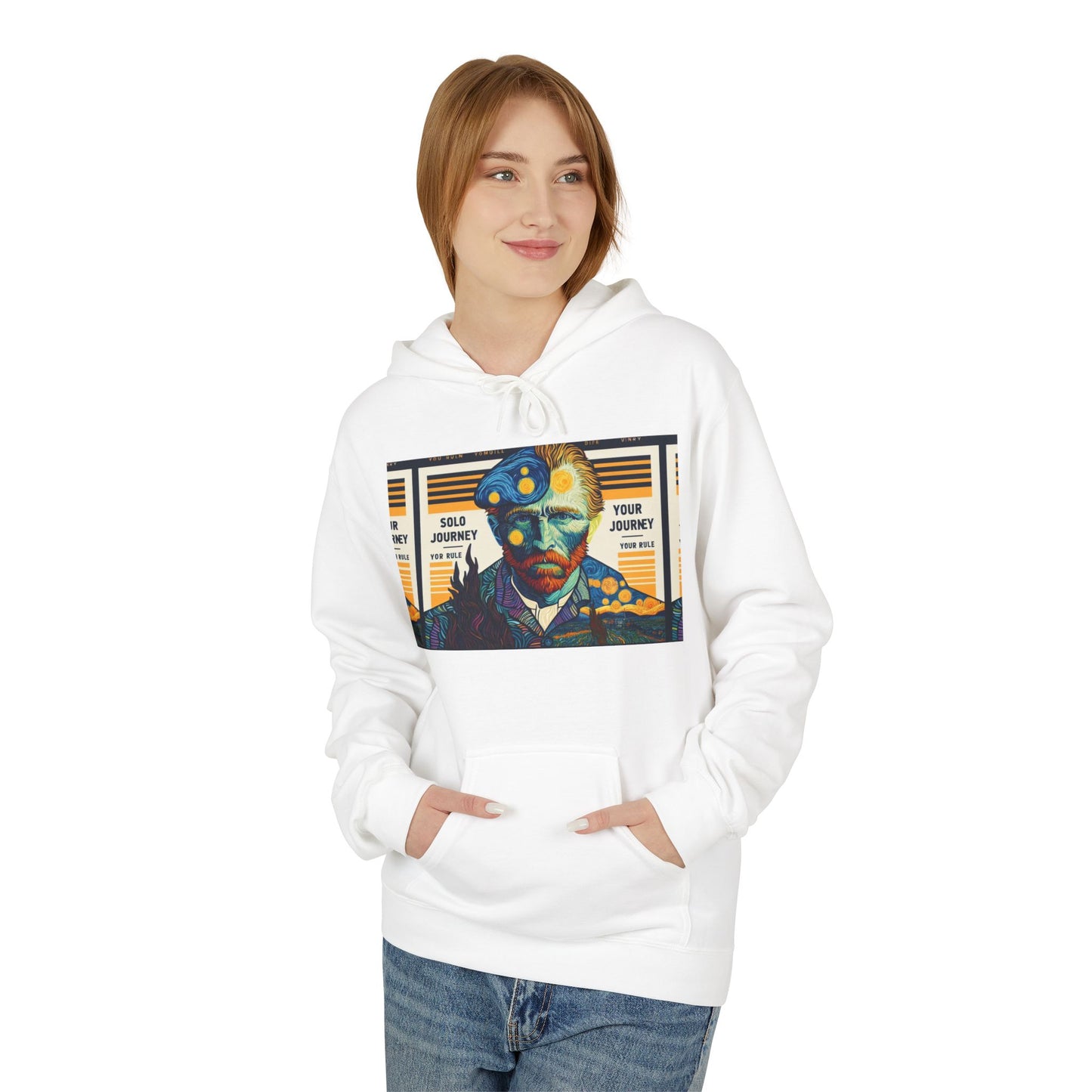 Model wearing the Van Gogh AI Graphic Western Rodeo Sweatshirt in a casual setting, highlighting its oversized fit and comfort.