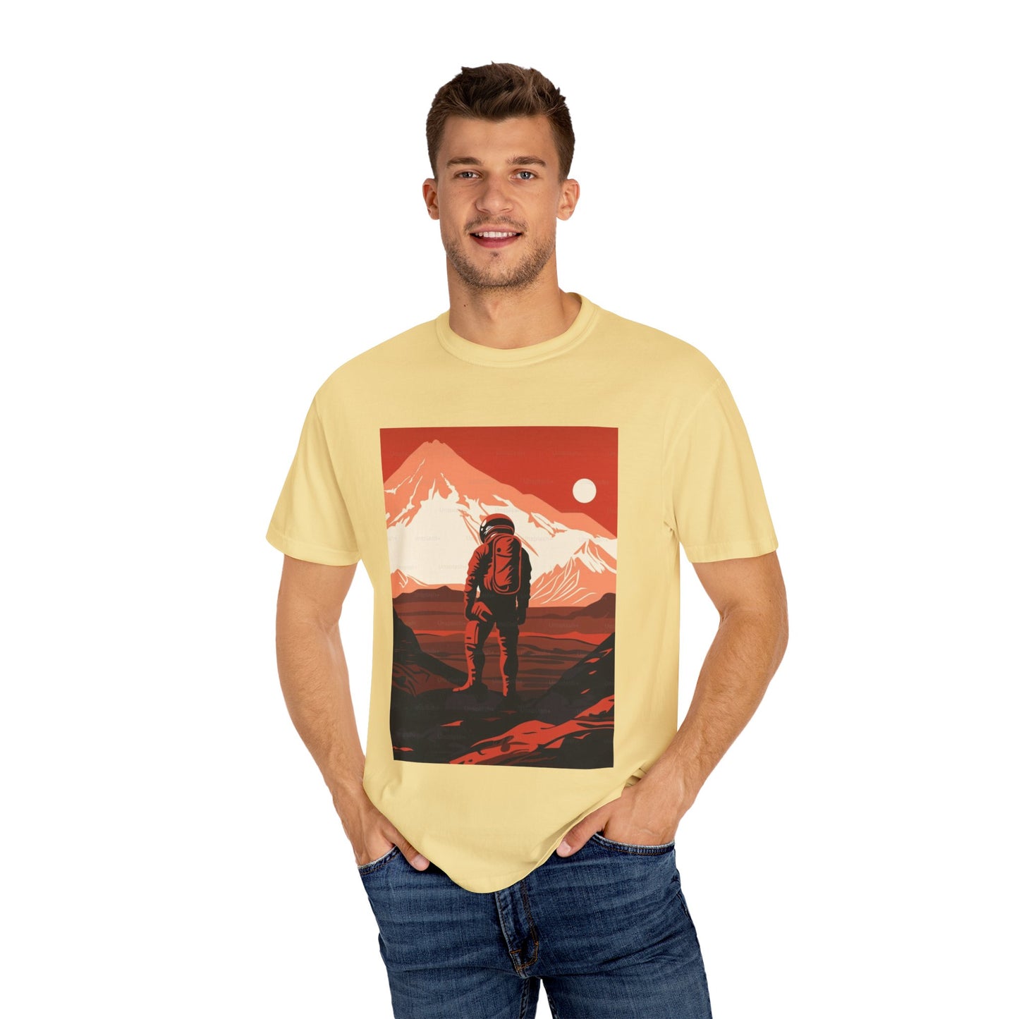 Man On Mars Graphic T-Shirt - Eco-Friendly Organic Cotton, Oversized Unisex Boho Tee demonstrating its comfortable relaxed fit for everyday adventures.
