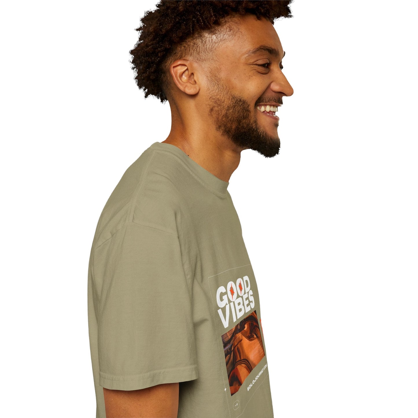 Flat lay of Good Vibes Graphic Design Pullover, highlighting its eco-friendly fabric and artistic design, perfect for gifting.