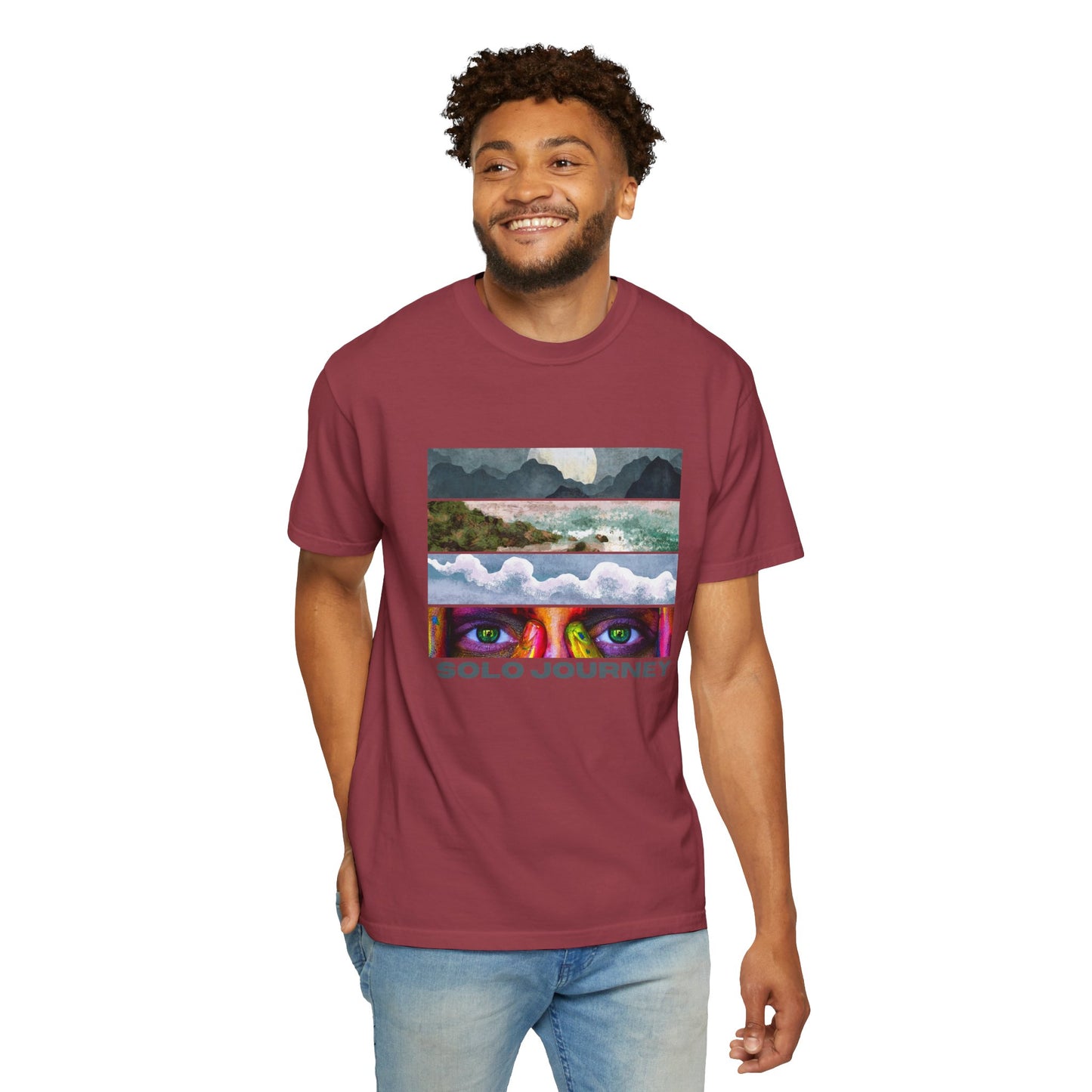 Model wearing Vintage Aesthetic Oversized Boho T-Shirt 07 outdoors, highlighting the relaxed fit and unique hand-drawn graphics.
