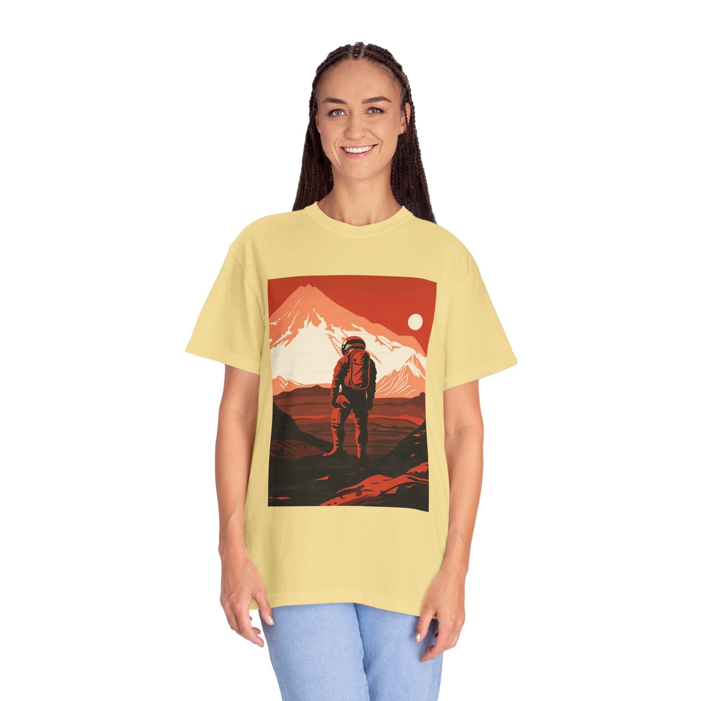 Man On Mars Graphic T-Shirt - Eco-Friendly Organic Cotton, Oversized Unisex Boho Tee highlighting its sustainable and stylish appeal.