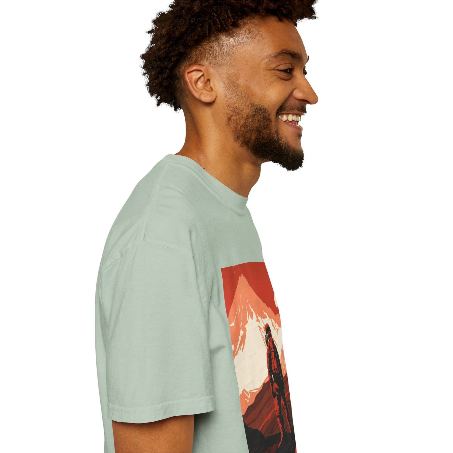 Unisex Man On Mars Graphic T-Shirt styled in a relaxed fit, ideal for casual outings and eco-conscious wardrobes.