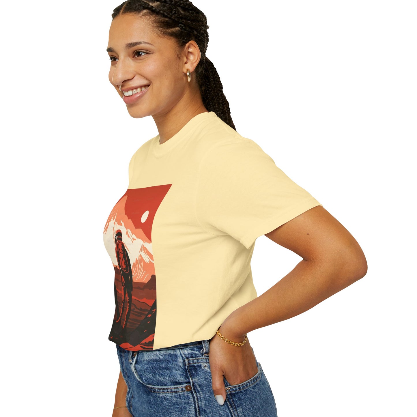 Man On Mars Graphic T-Shirt showcasing its eco-friendly organic cotton fabric and oversized fit, perfect for casual and boho styles.
