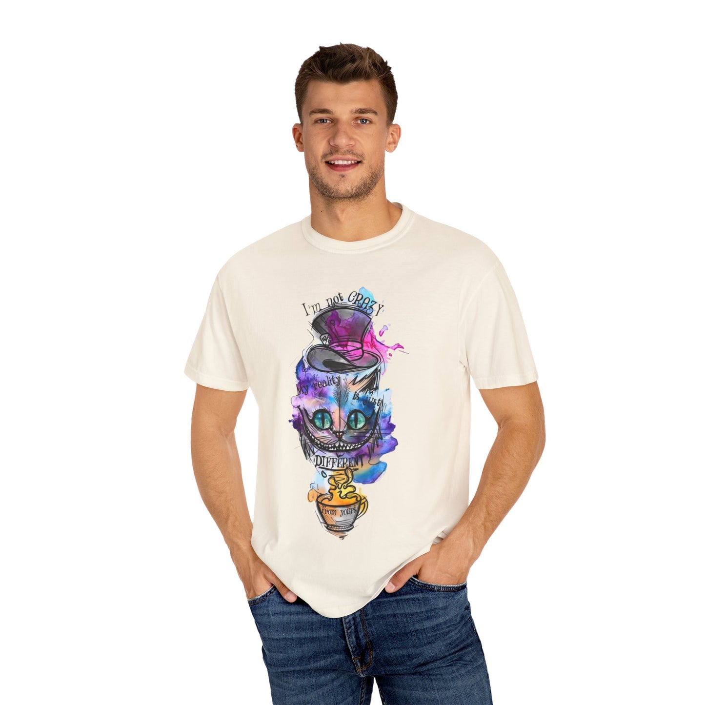Close-up of the unique hand-drawn print design on the Personalized Cat With A Hat Country Music Graphic T-Shirt.