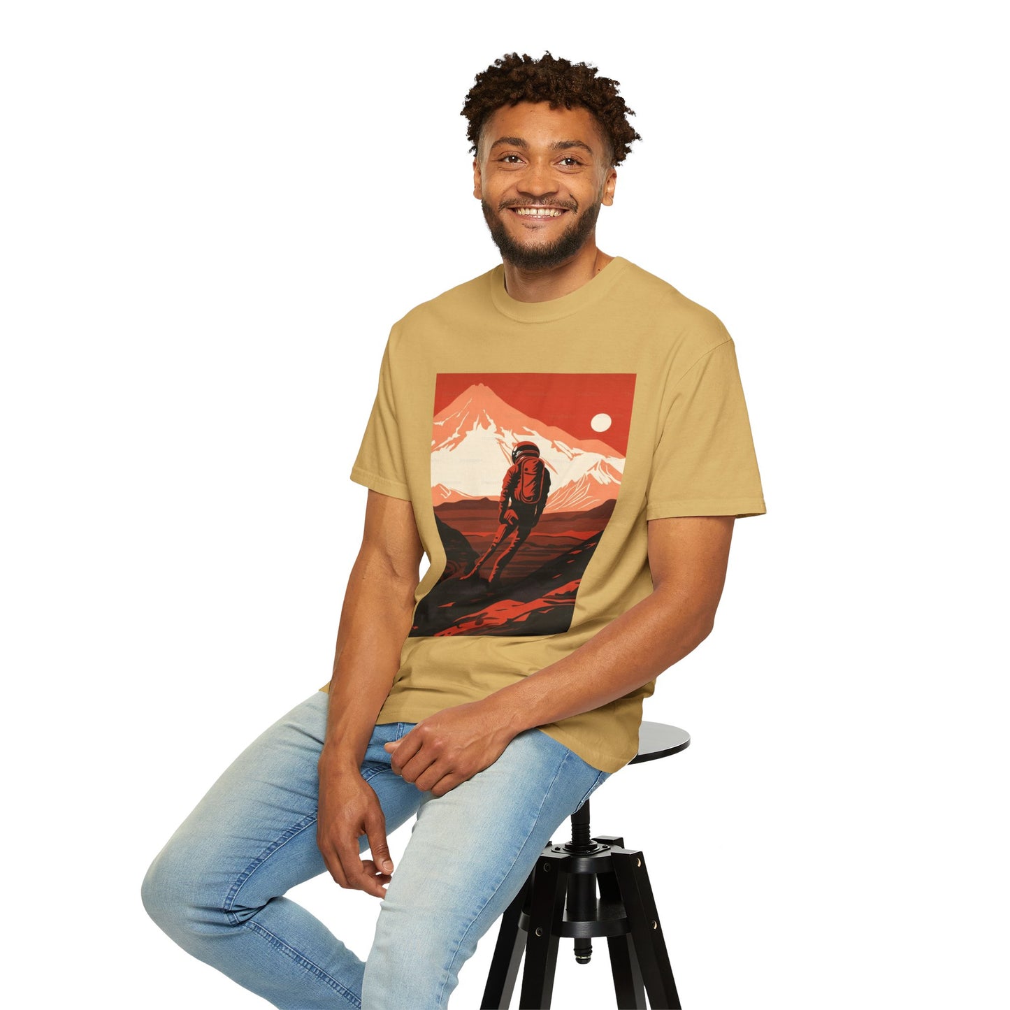 Close-up of Man On Mars Graphic T-Shirt design featuring unique hand-drawn graphics, emphasizing its artistic style and sustainable fashion.