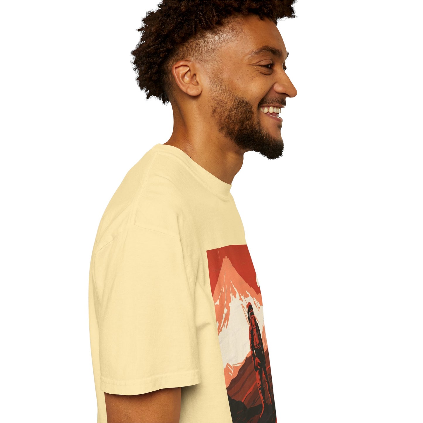 Man On Mars Graphic T-Shirt styled for a casual day out, highlighting its versatile and comfortable design for both men and women.
