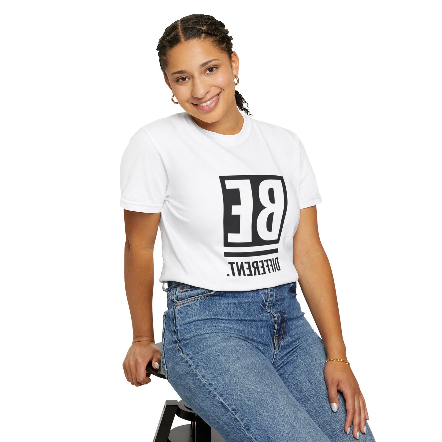 Lifestyle image featuring the Be Different Art Graphic Oversized Boho T-Shirt, perfect for various occasions like casual brunch or lounging.