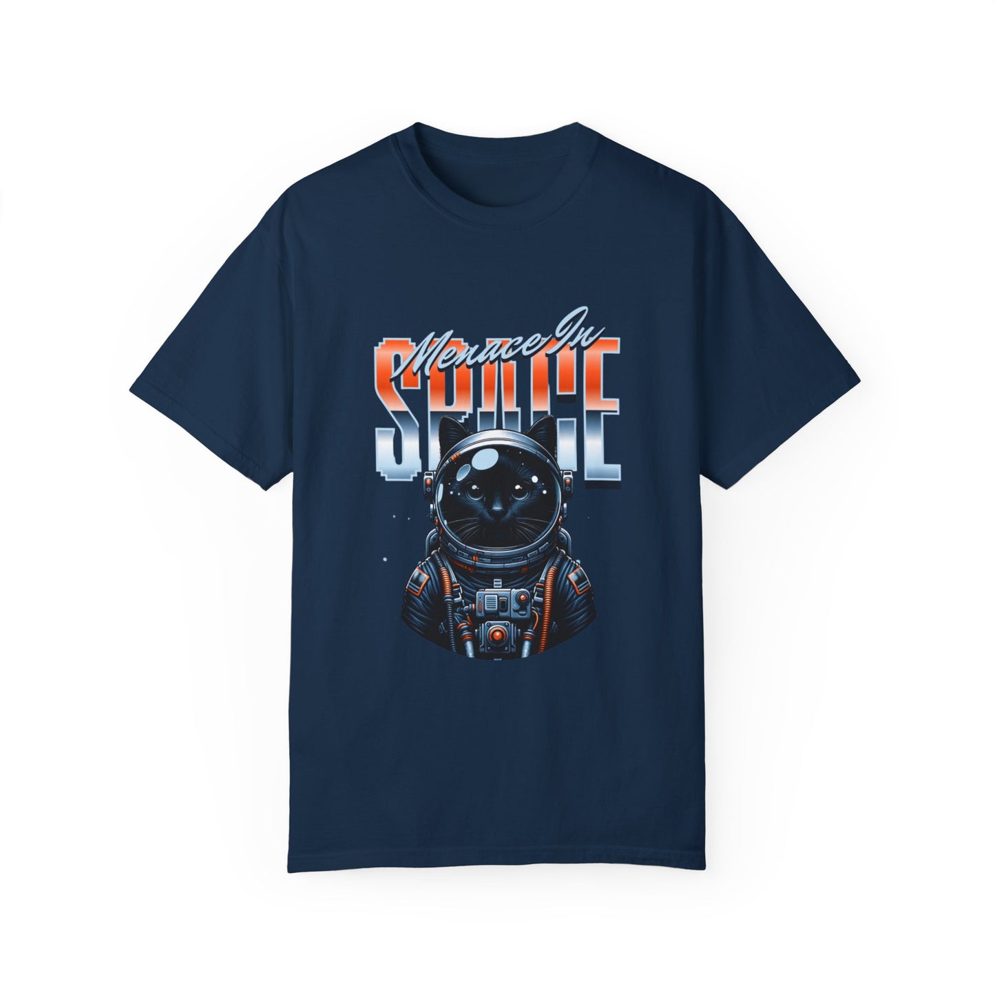 Menace On Space Cat Graphic T-Shirt showcasing a unique vintage aesthetic in an oversized fit, perfect for eco-friendly style.