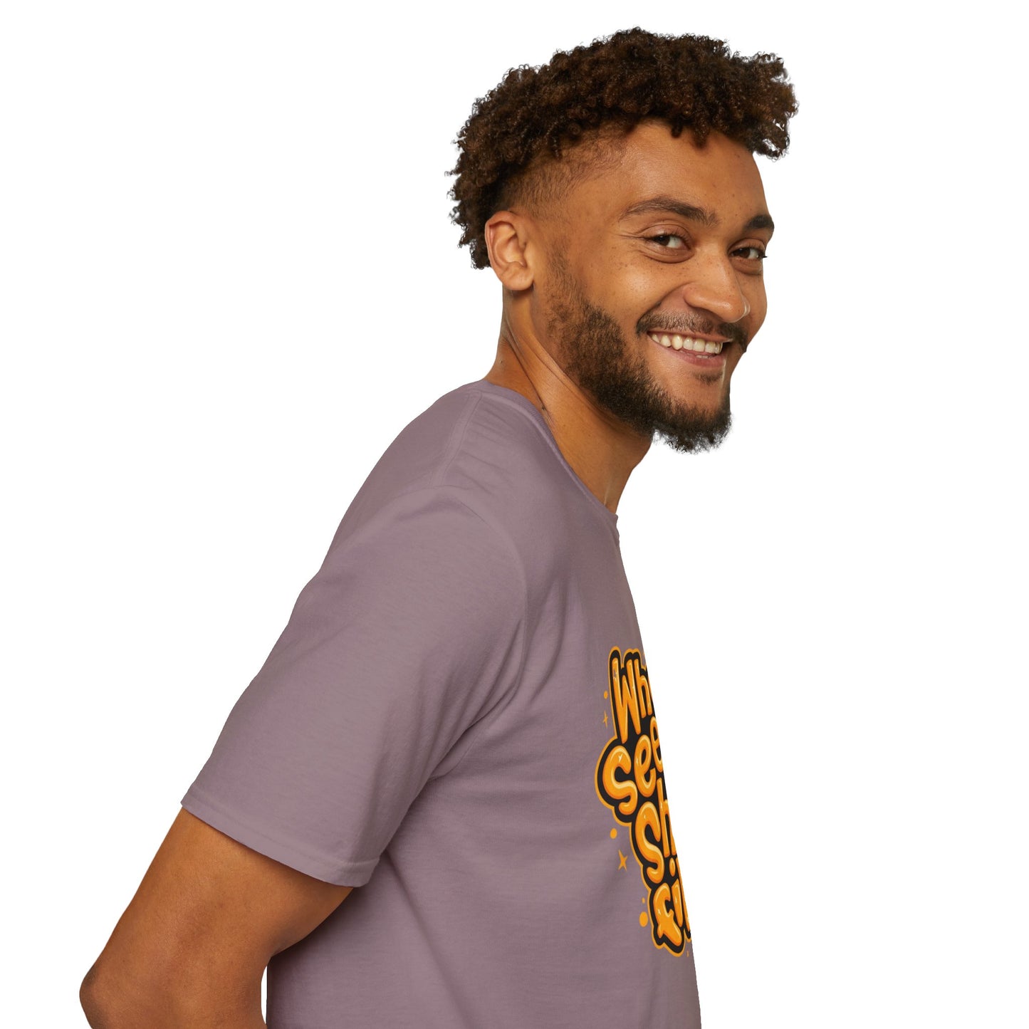 Close-up of Unisex Organic Cotton Softstyle T-Shirt’s ribbed collar and durable construction with twill tape, emphasizing its quality and longevity.