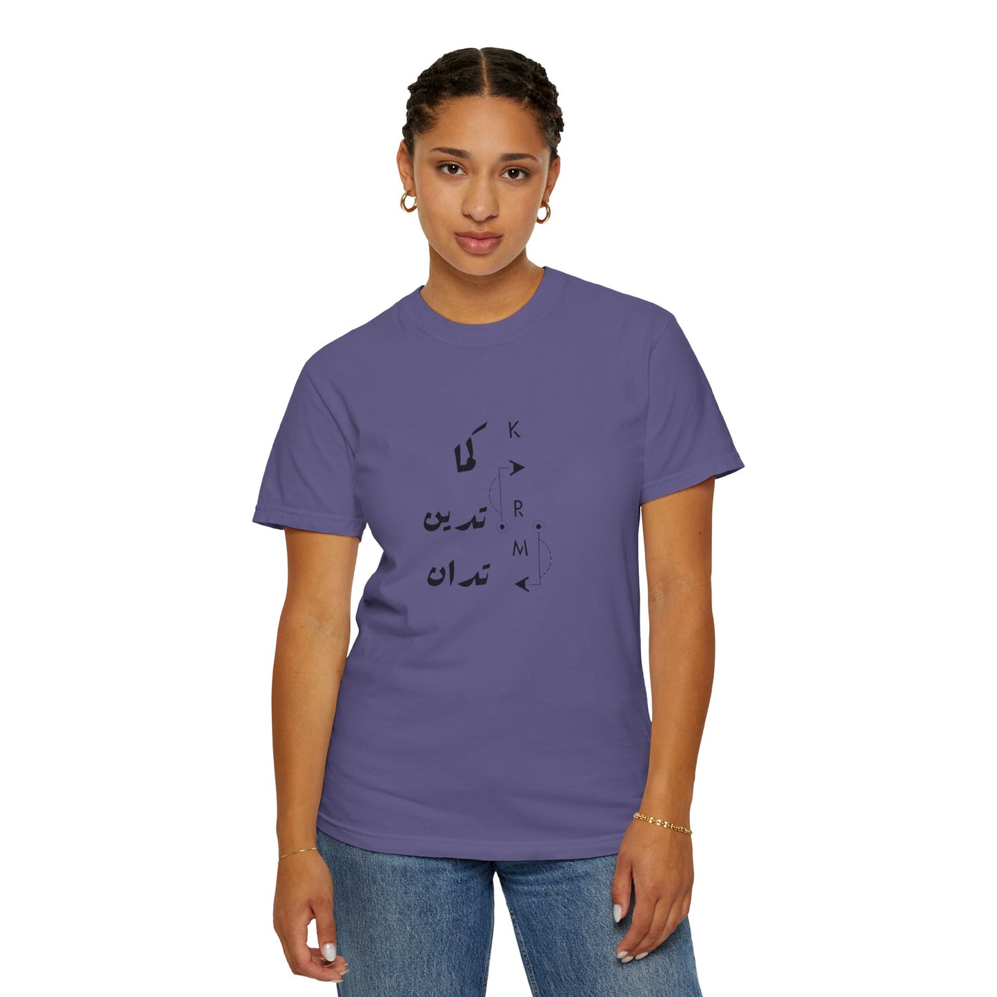 Model displaying the Karma Has Its Ways - Vintage Aesthetic Oversized Boho Pullover Tee in Organic Cotton, perfect for festival fashion or casual outings.