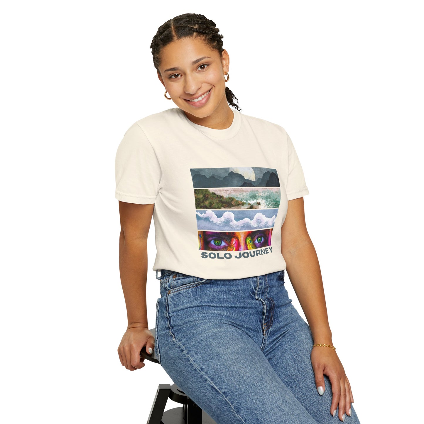 Vintage Aesthetic Oversized Boho T-Shirt 07 displayed on a hanger, showcasing its eco-friendly organic cotton fabric and bold graphic design.