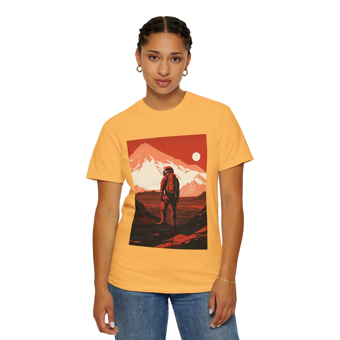 Happy model wearing the oversized Man On Mars Graphic T-Shirt, embodying sustainable fashion and comfort.