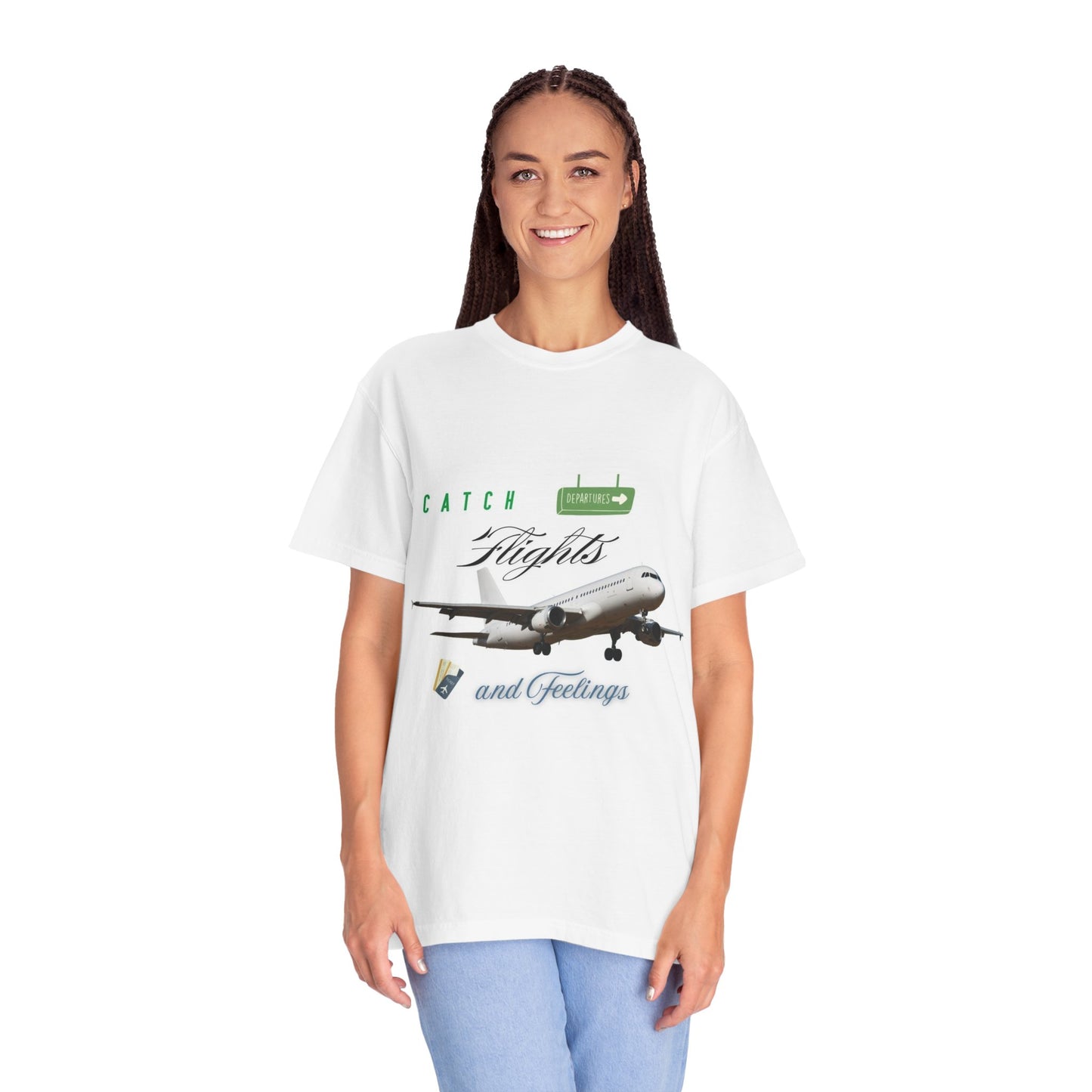 Catch Flights And Feelings Oversized Crewneck - Eco-Friendly Organic Cotton Pullover T-Shirt displayed on a flat surface highlighting its vibrant design.