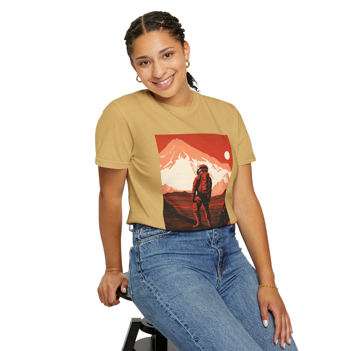 Man On Mars Graphic T-Shirt displayed in an outdoor setting, ideal for adventures, festivals, and sustainable fashion enthusiasts.