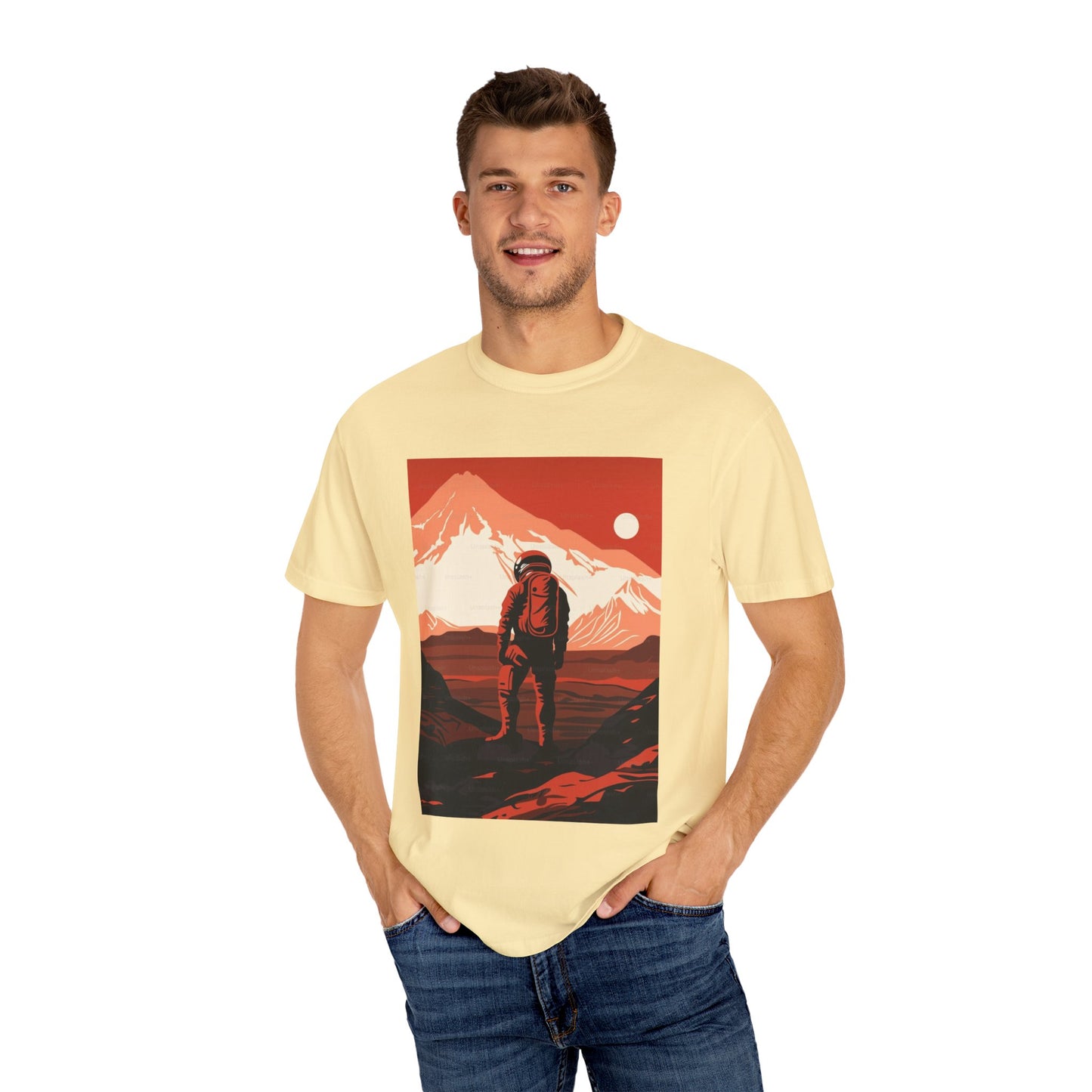 Close-up of the Man On Mars Graphic T-Shirt made from 100% organic cotton, highlighting its soft texture.