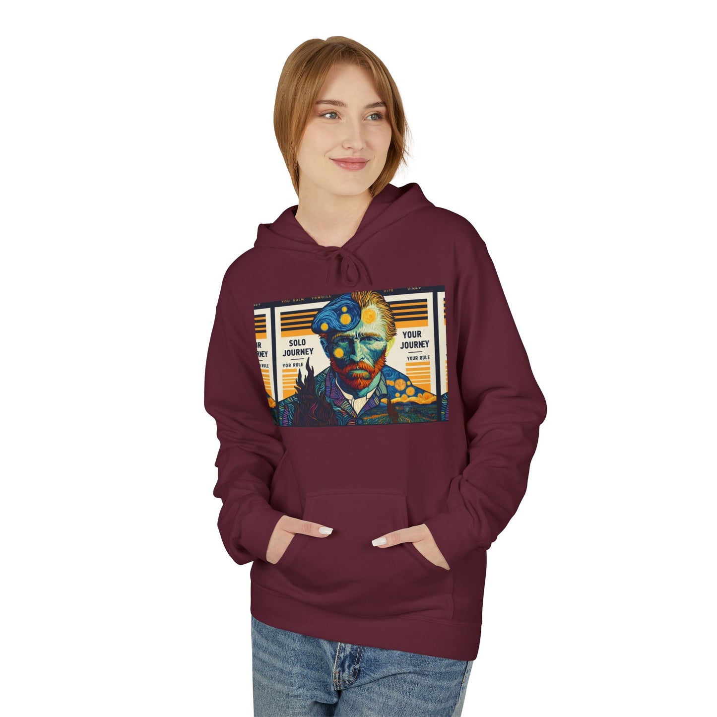 Model wearing Van Gogh AI Graphic Western Rodeo Sweatshirt, perfect for art festivals and casual outings.