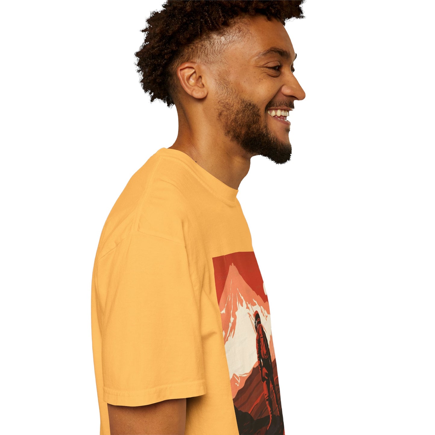 Close-up of the Man on Mars Graphic T-Shirt - Eco-Friendly Organic Cotton, showcasing the unique hand-drawn graphic print and soft texture of the fabric.
