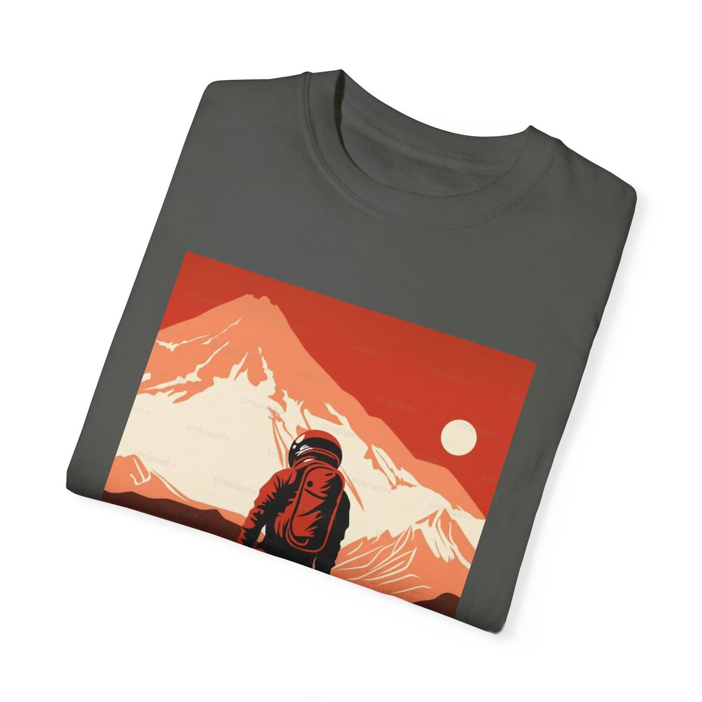 A person wearing the Man On Mars Graphic T-Shirt at a music festival, illustrating its versatility as an eco-friendly, unisex clothing option.