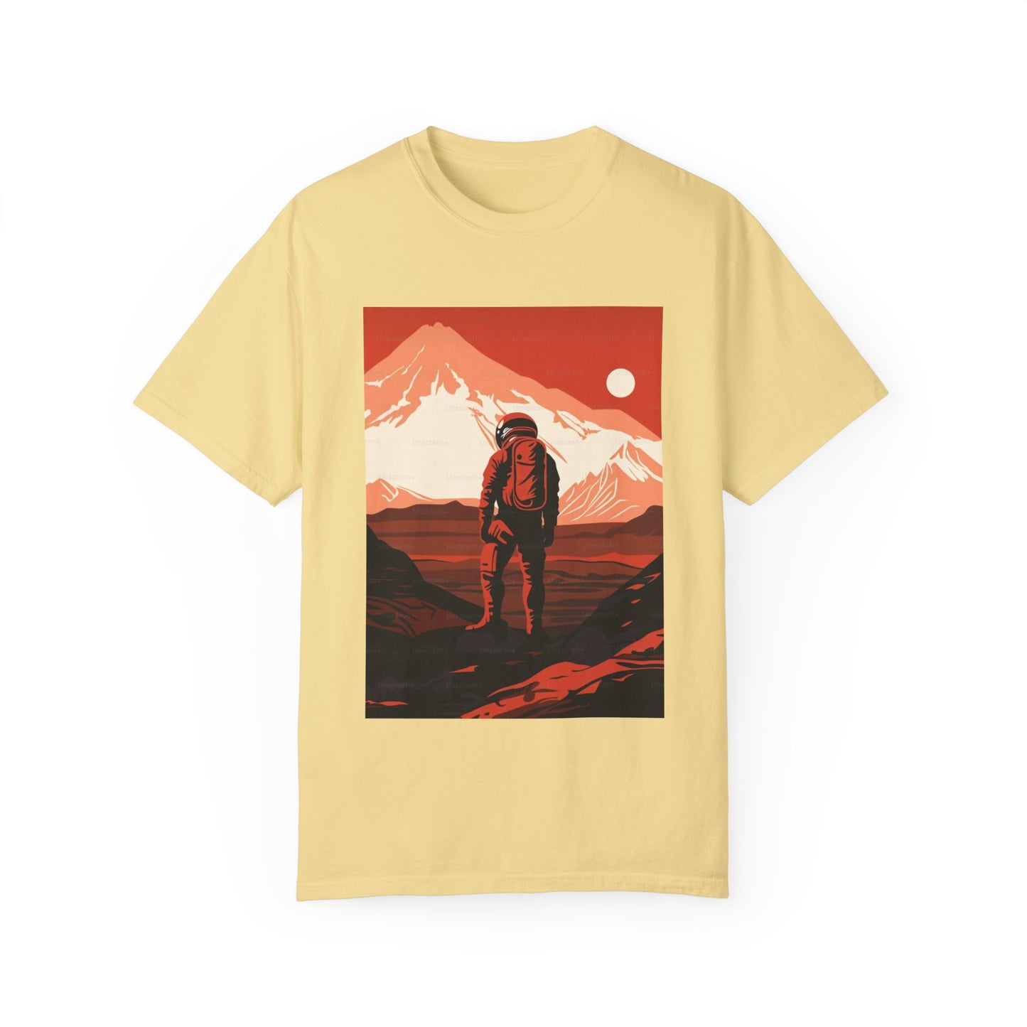 Lifestyle shot of a person wearing the Man On Mars Graphic T-Shirt, enjoying comfort and style in a casual outdoor setting.