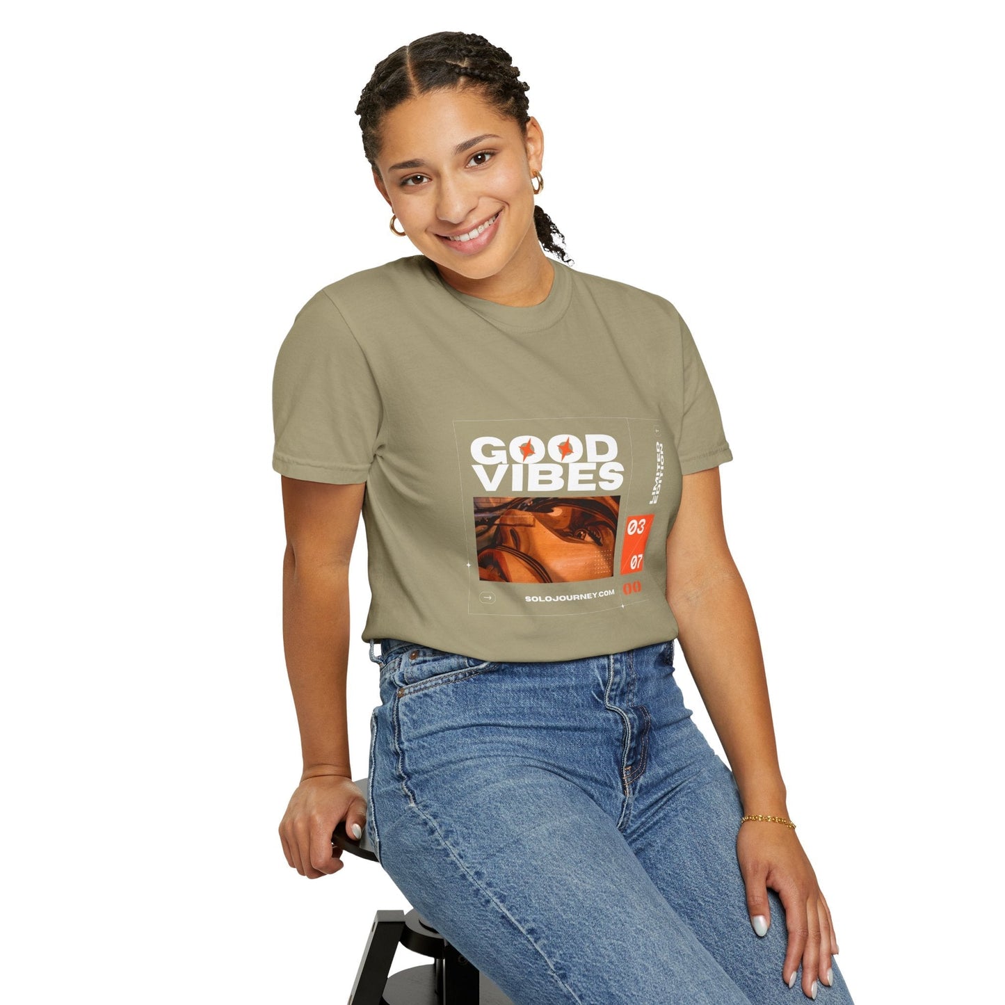 Good Vibes Graphic Design Pullover styled with layers, demonstrating its versatility for different seasons and occasions.
