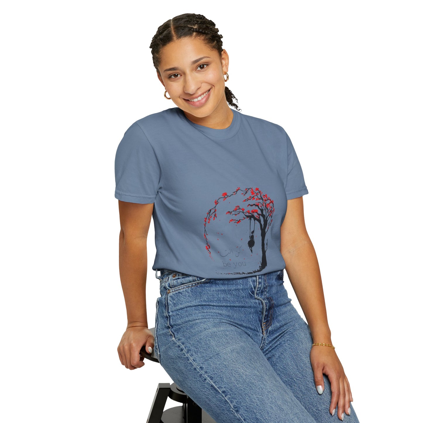 Close-up of Cherry Blossom Unisex T-Shirt showing the soft texture and GOTS certified organic materials.