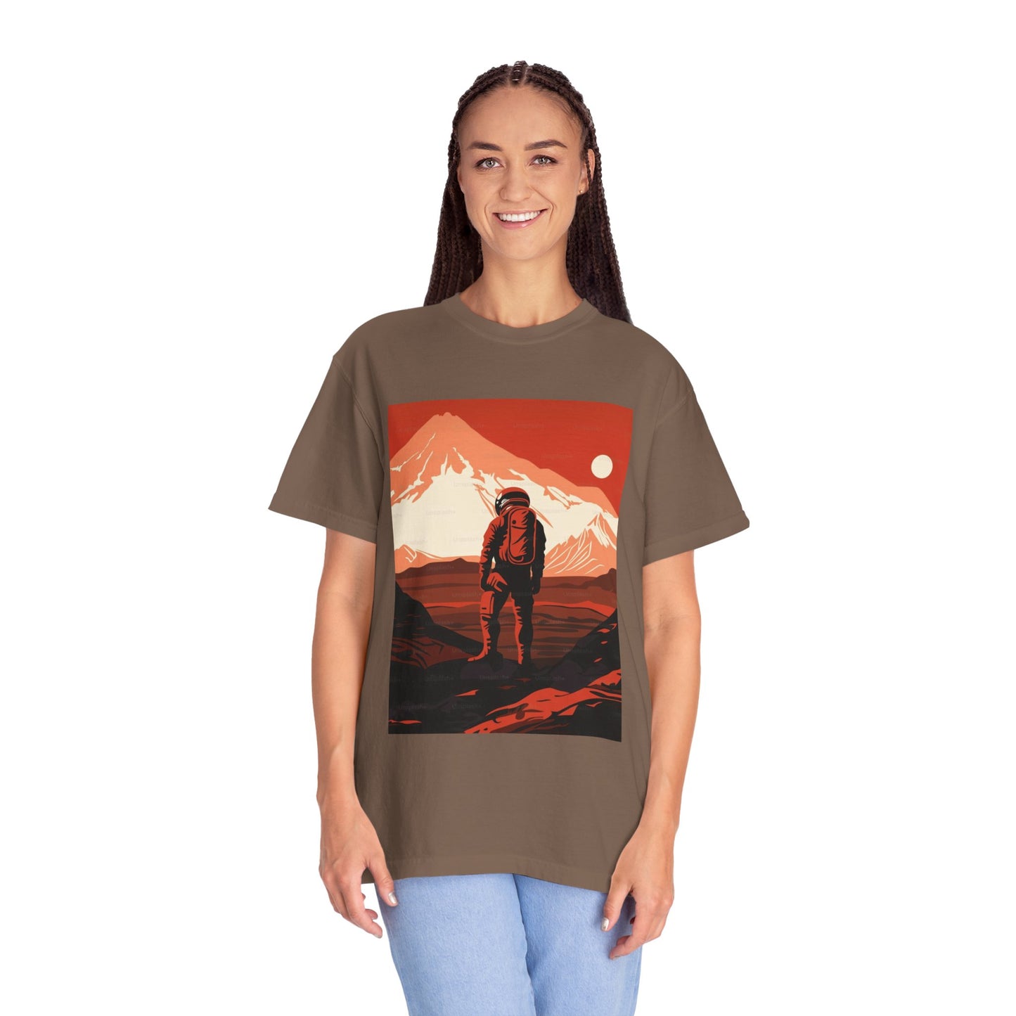 Man On Mars Graphic T-Shirt showcasing unique hand-drawn designs on eco-friendly organic cotton in a relaxed fit.