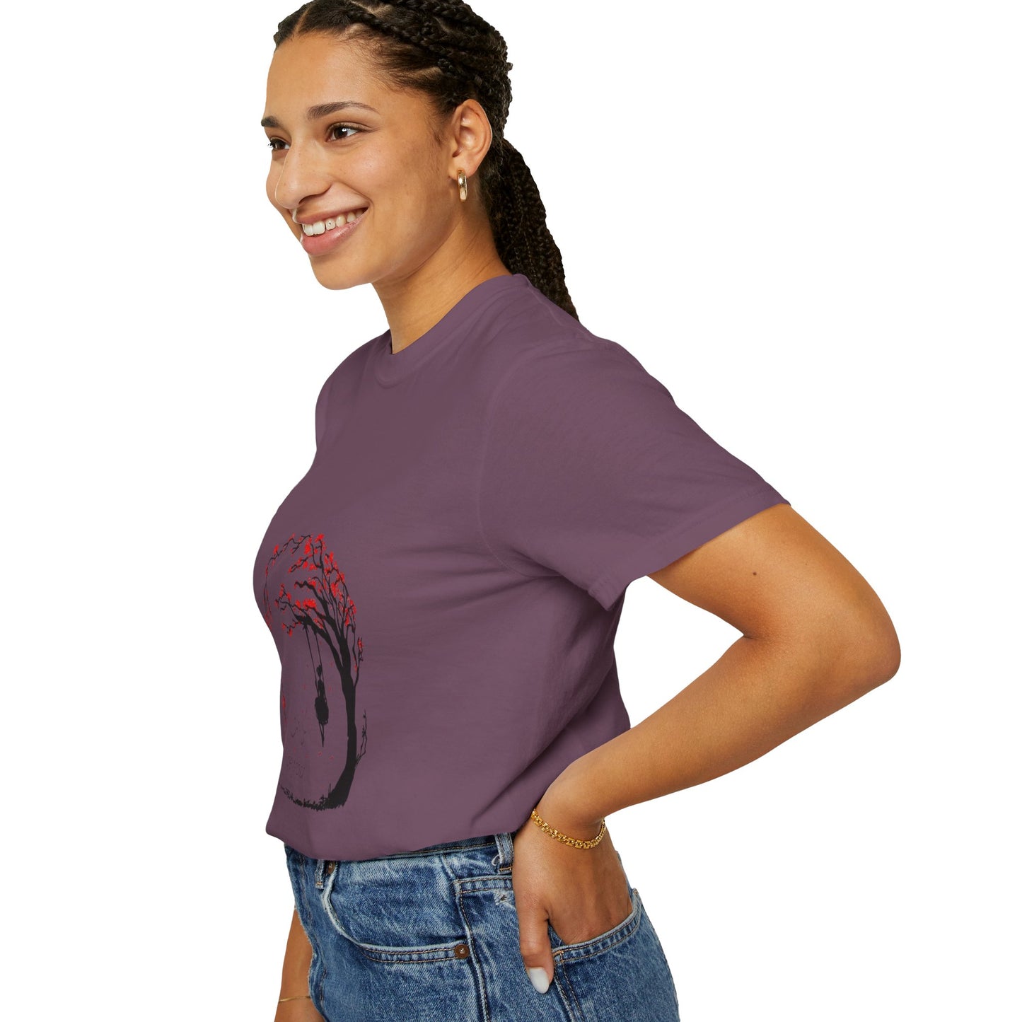 Group of diverse individuals in Cherry Blossom Unisex T-Shirts, demonstrating its versatile style and commitment to sustainable clothing.