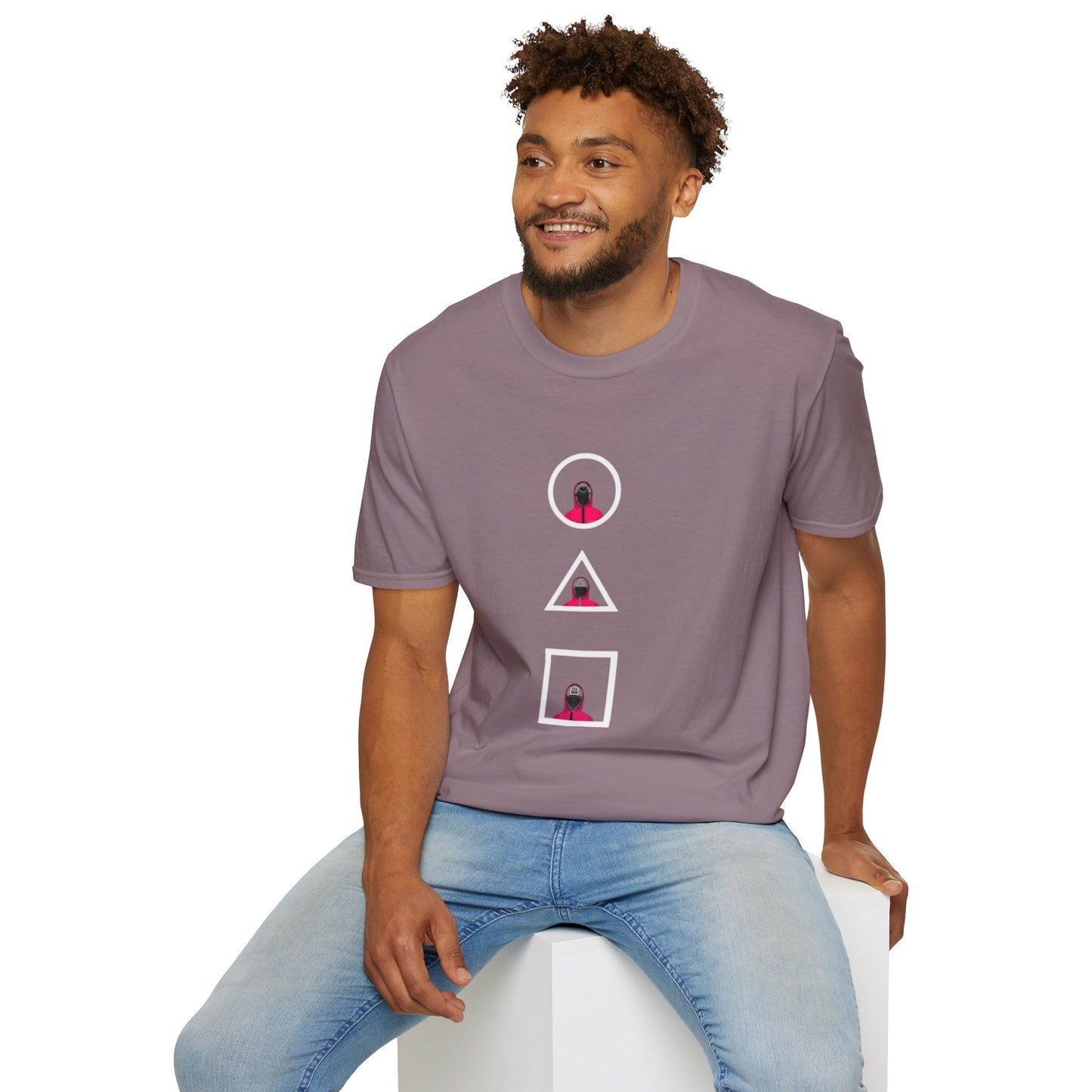 Close-up of the Unisex Softstyle T-Shirt - Eco-Friendly 100% Cotton Minimalist Graphic Tee for Casual Wear highlighting the soft fabric and unique graphic design.
