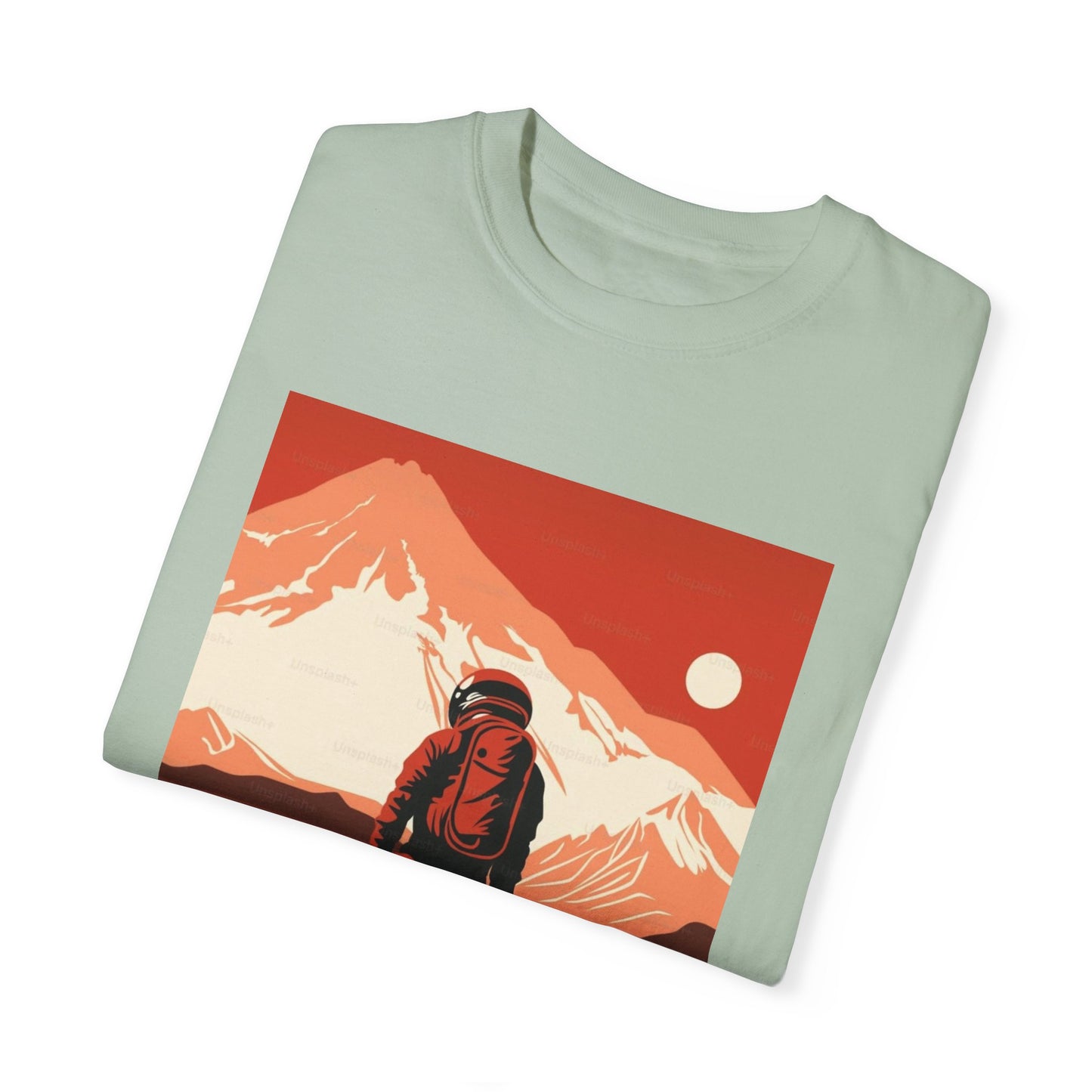 Close-up of Man On Mars Graphic T-Shirt - Eco-Friendly Organic Cotton, Oversized Unisex Boho Tee showcasing the soft fabric texture.