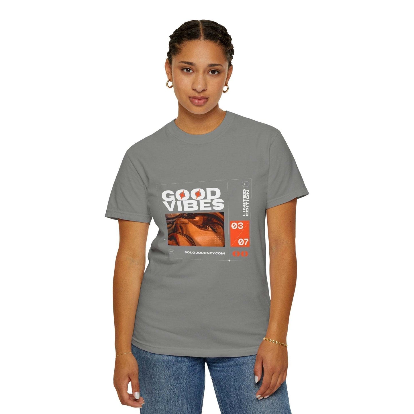Model wearing the Good Vibes Graphic Design Vintage Boho Oversized T-Shirt in a relaxed setting, ideal for casual outings.