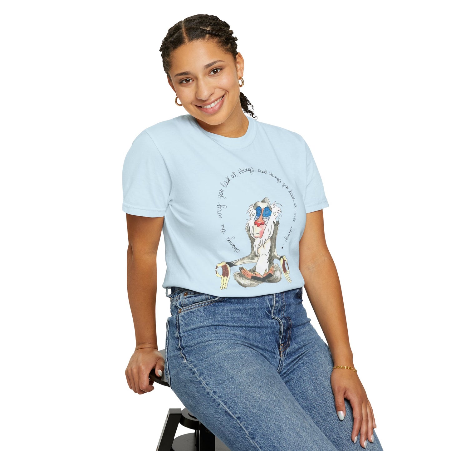 Model wearing the Monkey Legend Graphic Art Oversized Boho Pullover Tee styled casually with jeans for a trendy boho look.