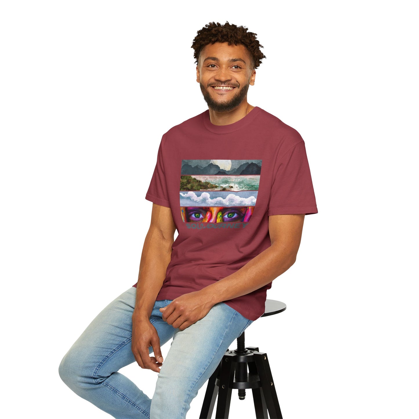 Lifestyle shot featuring Vintage Aesthetic Oversized Boho T-Shirt 07 paired with jeans, representing casual sustainable fashion.