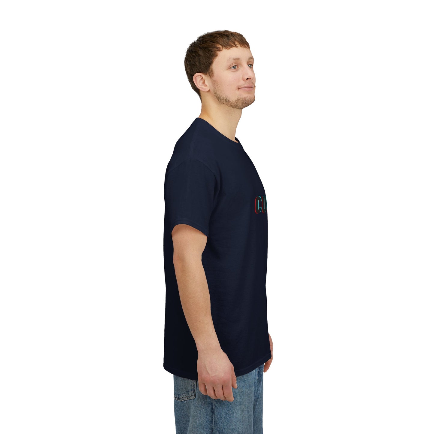 Personalized Unisex Heavy Cotton Tee in eco-friendly colors, showcasing a custom graphic design.