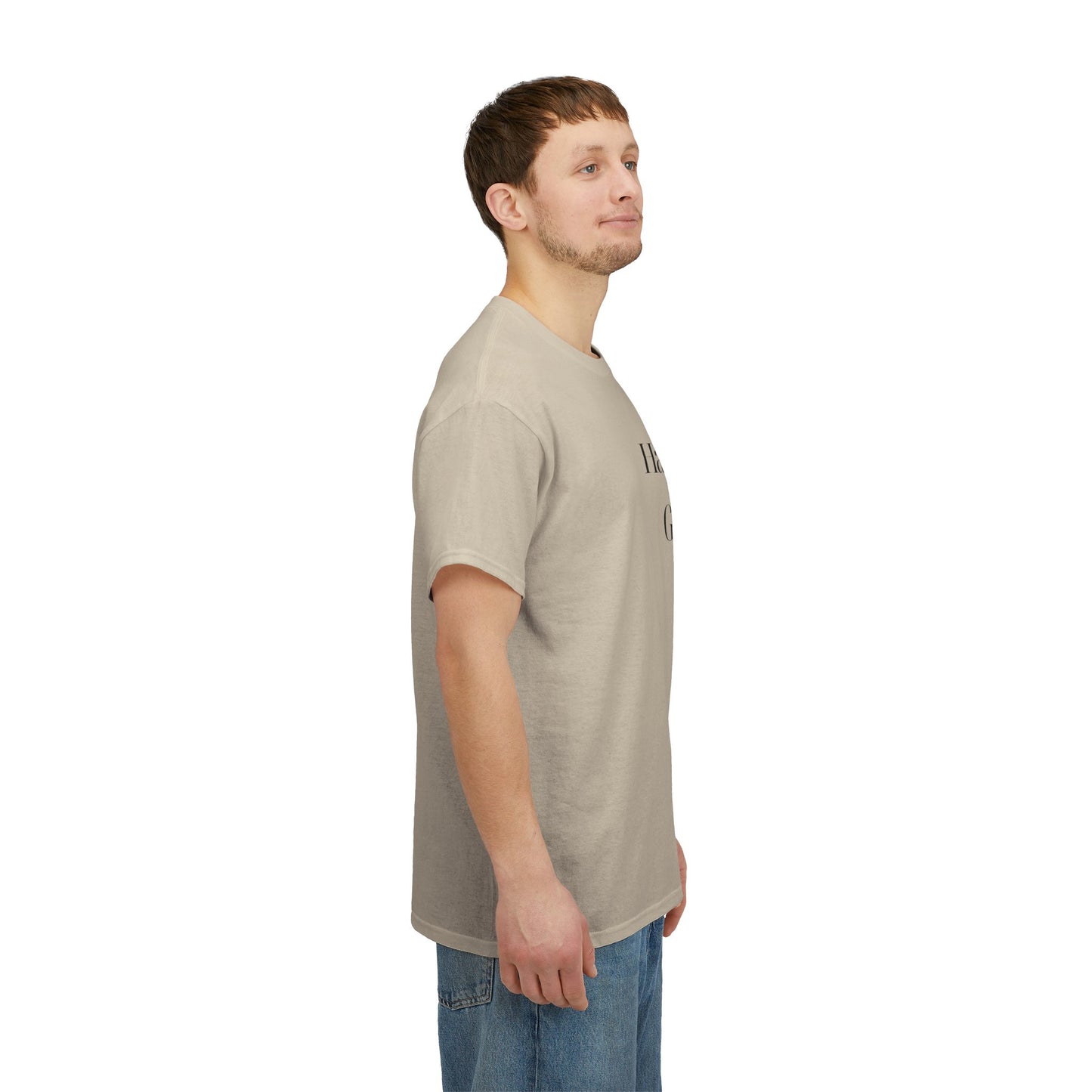 The back view of Happiness Looks Good On You T-Shirt demonstrating the relaxed fit and soft organic cotton material.