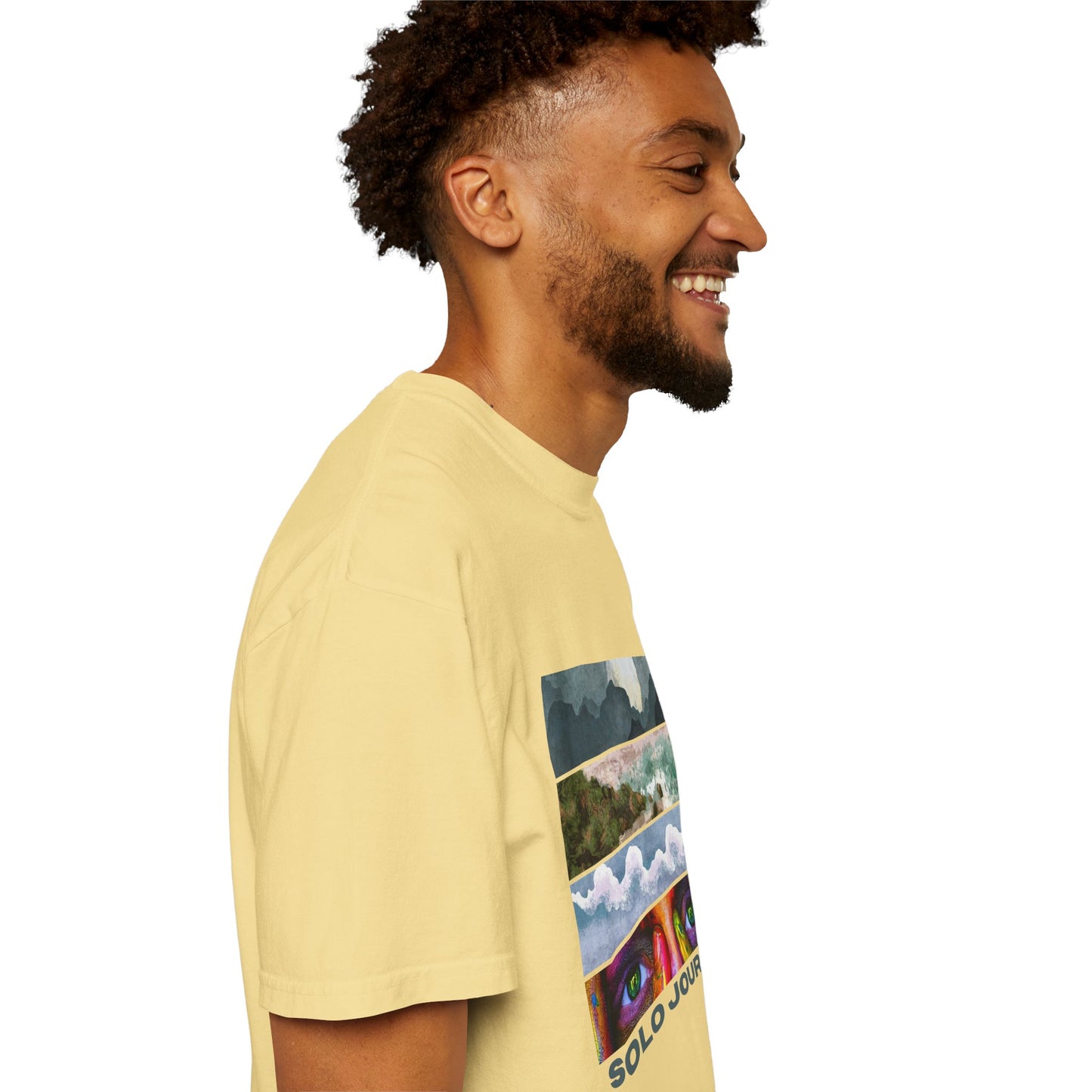 Person wearing the Vintage Aesthetic Oversized Boho T-Shirt 07, demonstrating its versatility for casual outings or lounging at home.