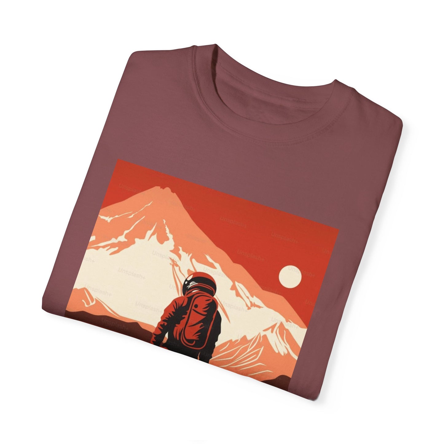 Close-up of the hand-drawn graphics on the Man On Mars Graphic T-Shirt, embodying sustainability and style.