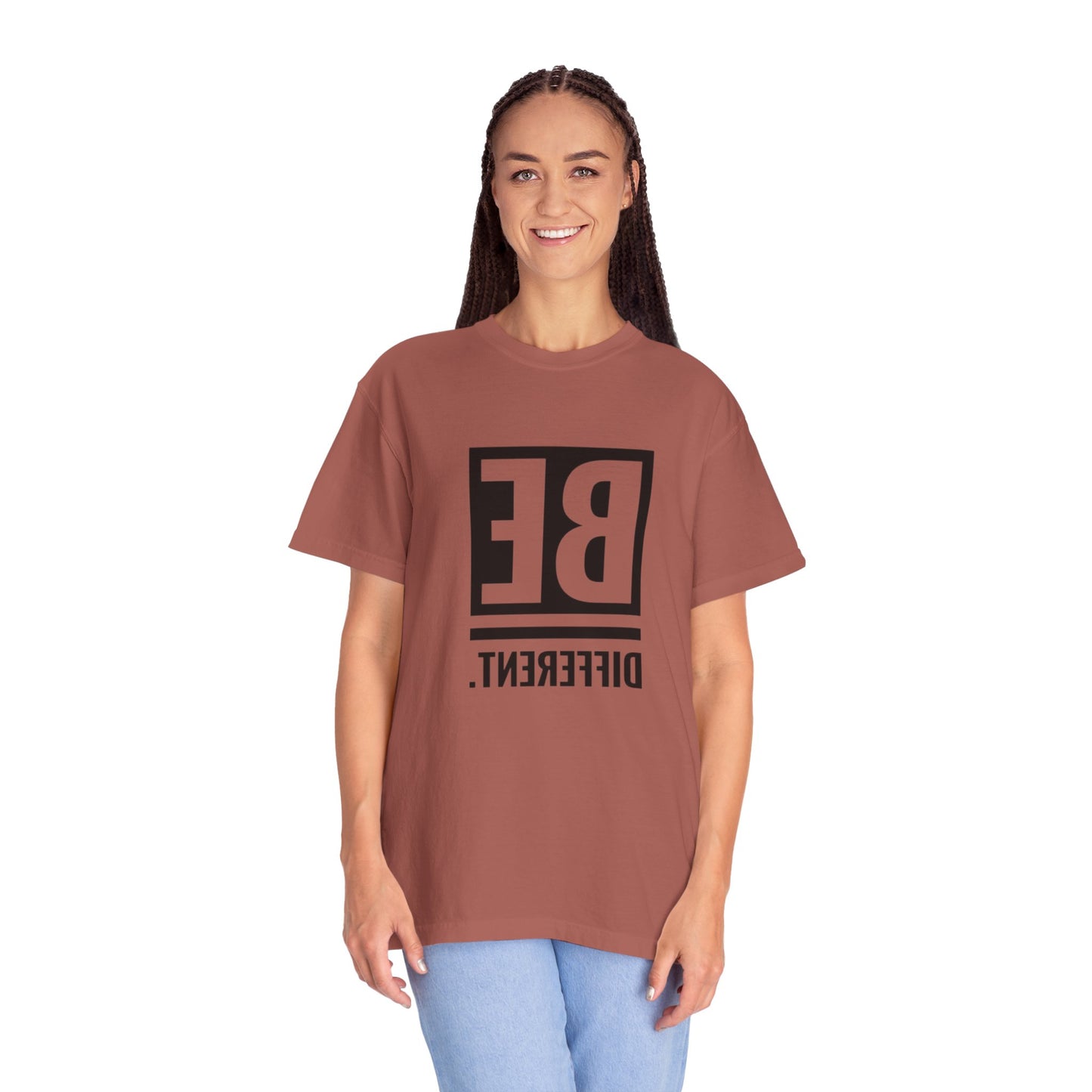 Be Different Art Graphic Oversized Boho T-Shirt showcasing unique hand-drawn graphic design on eco-friendly organic cotton fabric.