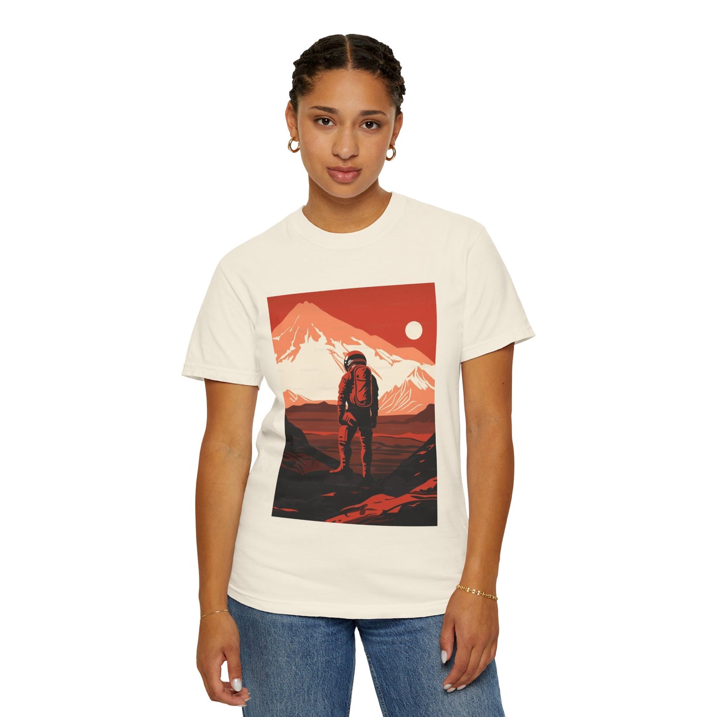 Man On Mars Graphic T-Shirt displayed on a model, showcasing its oversized fit and unique artistic print, made from eco-friendly organic cotton.