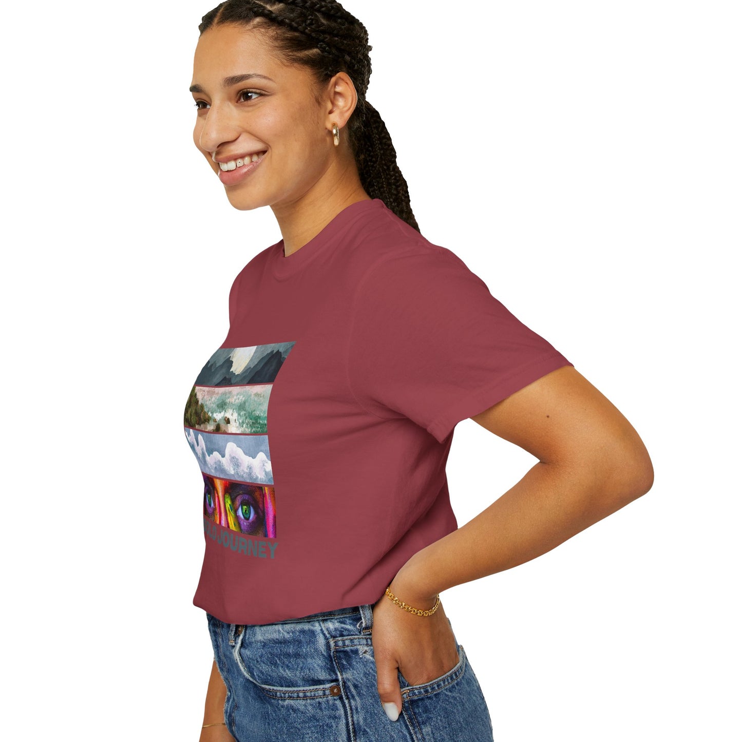 Back view of the Vintage Aesthetic Oversized Boho T-Shirt 07 worn by a model, illustrating the comfortable loose fit and eco-friendly design.