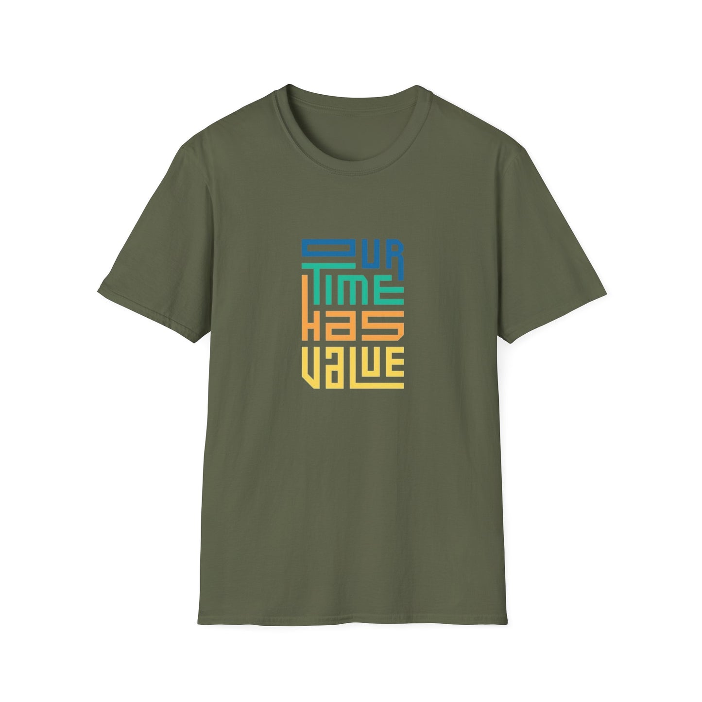 Close-up of the Our Time Has Value Unisex Softstyle T-Shirt showcasing its vibrant design and soft texture.