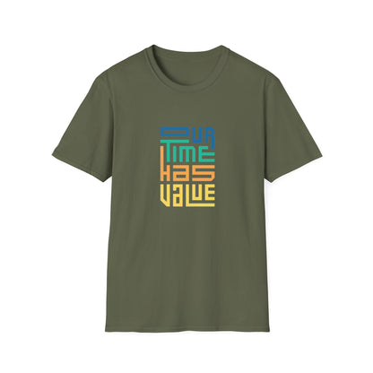 Close-up of the Our Time Has Value Unisex Softstyle T-Shirt showcasing its vibrant design and soft texture.
