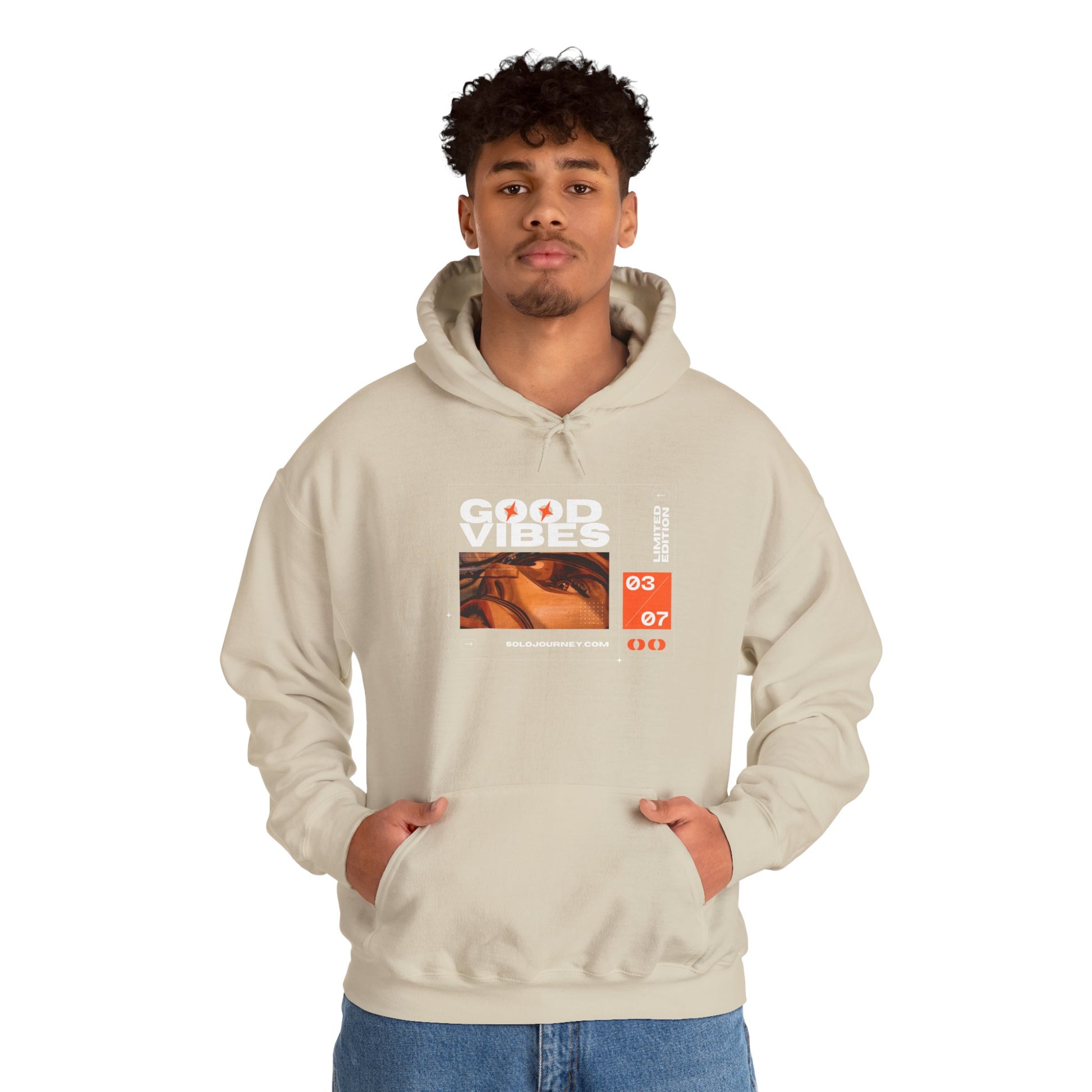Good Vibes Unisex Heavy Blend Hoodie in various colors, promoting sustainable fashion choices.