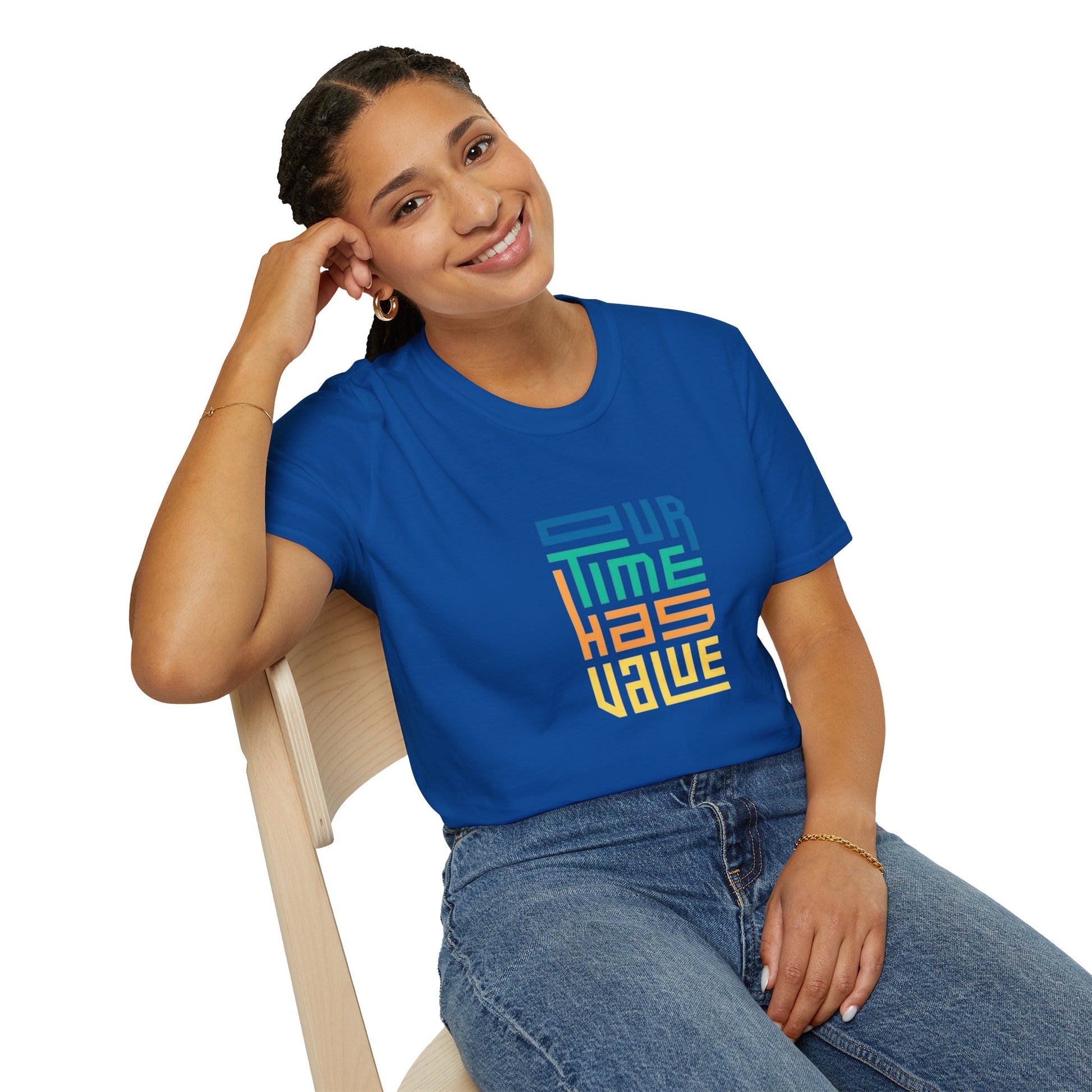 Flat lay of Our Time Has Value Unisex Softstyle T-Shirt featuring vibrant colors and eco-friendly cotton, perfect for everyday fashion.