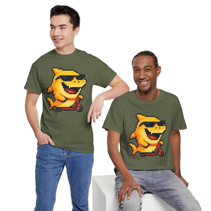 Retro Pixel Baby Shark Unisex Heavy Cotton Tee, Fun Graphic Tee, Gamer Shirt, Gift for Shark Lovers, Summer Casual Wear, Retro T-Shirt