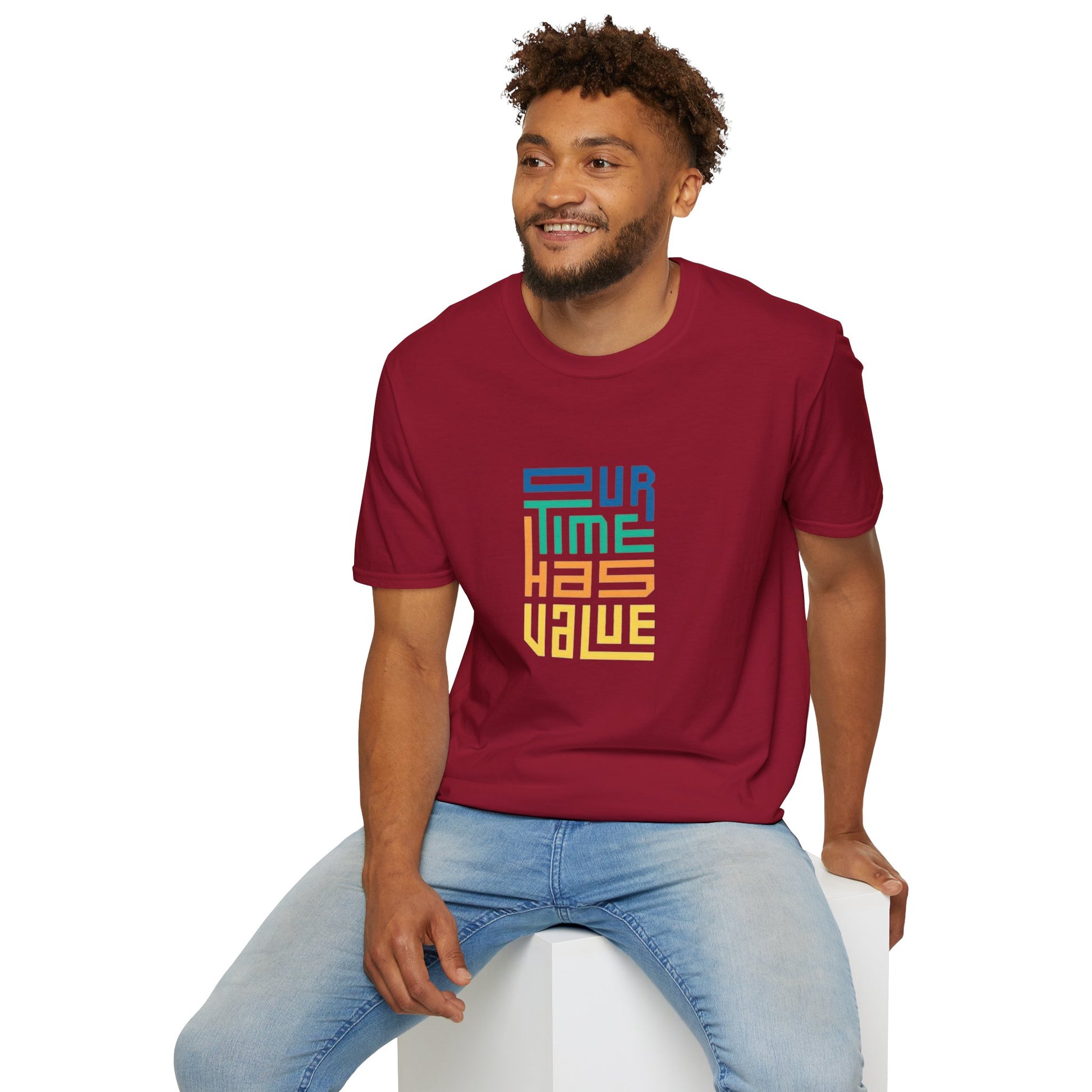 Our Time Has Value Unisex Softstyle T-Shirt showcasing eco-friendly cotton design for everyday motivation.