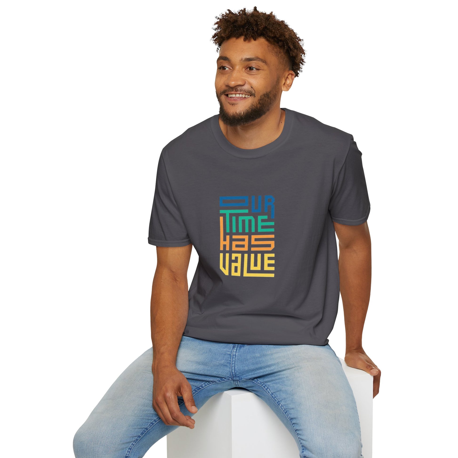 Flat lay of Our Time Has Value Unisex Softstyle T-Shirt paired with jeans and accessories, perfect for everyday outfits.