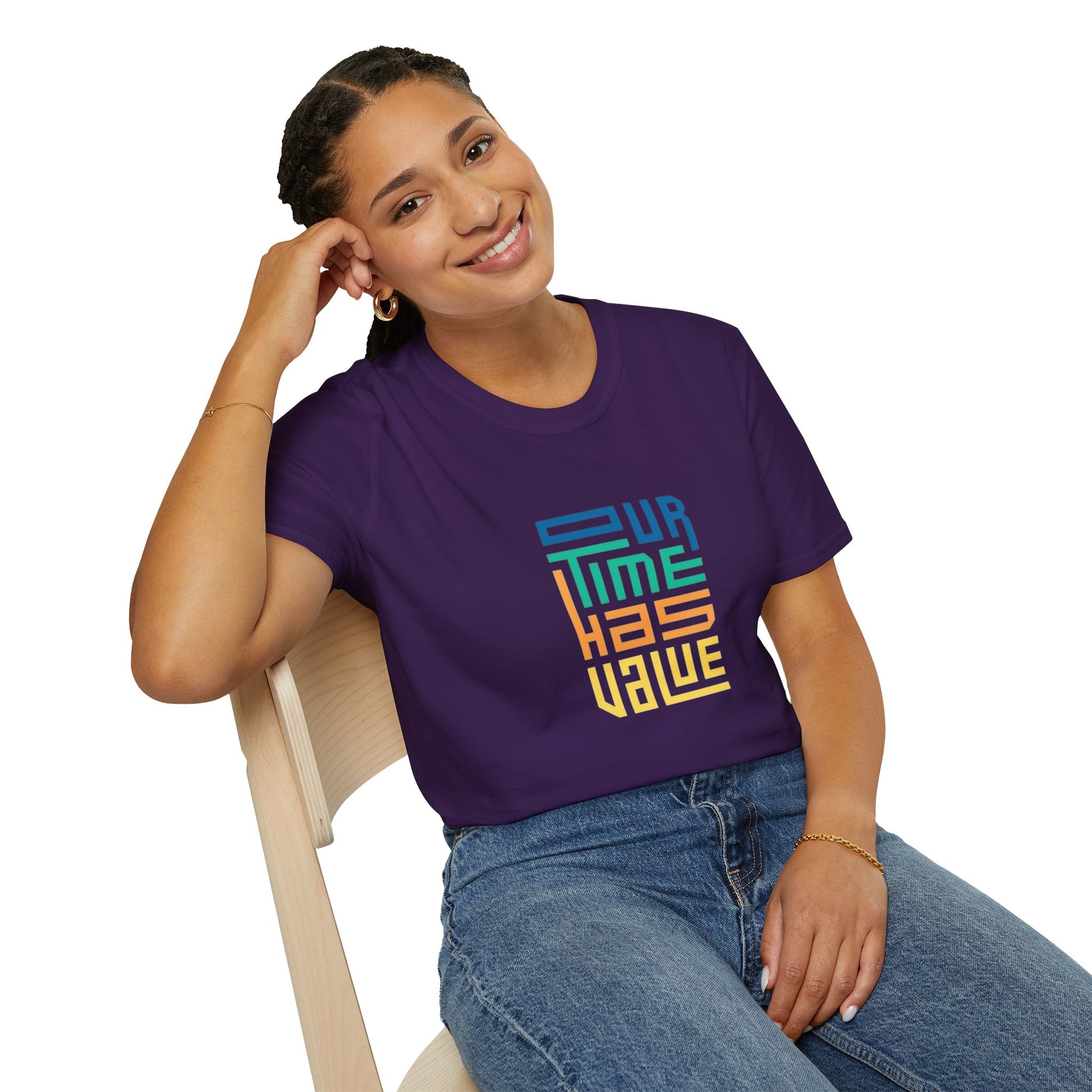 Flat lay of the Our Time Has Value Unisex Softstyle T-Shirt paired with denim shorts, showcasing its eco-friendly fashion style.