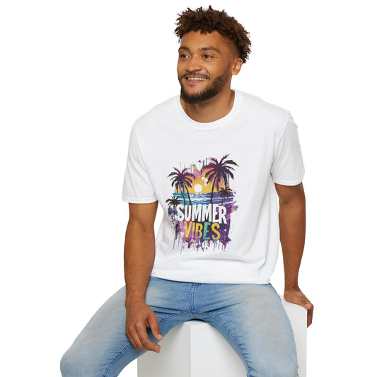 Eco-Friendly Unisex Summer Vibes T-Shirt showcasing vibrant "Summer Vibes" print on lightweight organic cotton fabric.